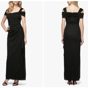 New ALEX EVENINGS Size 4 Black Cold Shoulder Ruffle Glitter Chiffon Evening Gown